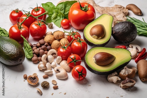  a variety of fruits and vegetables on a white counter top with leaves, mushrooms, avocado, tomatoes, cashews, nuts, and spinach. generative ai