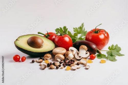 a pile of assorted vegetables including tomatoes, mushrooms, and avocado on a white background with parsley and parsley on the side. generative ai