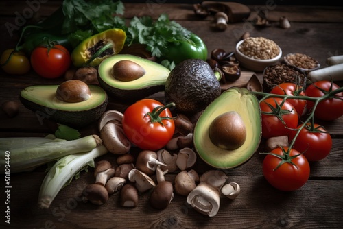  a variety of vegetables and nuts on a wooden table with a spoon of seeds and a spoon full of mushrooms and avocado on the table. generative ai