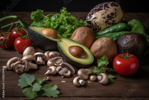  a table topped with lots of different types of vegetables and fruits on top of a wooden table next to mushrooms, broccoli, avocados, tomatoes, mushrooms, and parsley.  generative ai
