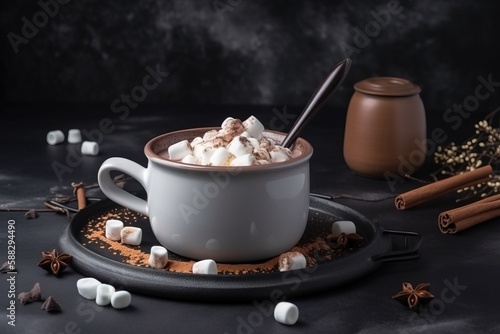  a cup of hot chocolate with marshmallows on a plate and cinnamon sticks on a black background with a jar of cinnamons.  generative ai