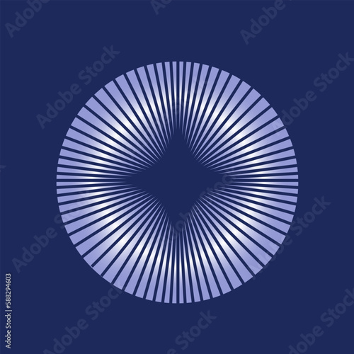 Geometric star circle logo emblem. Abstract style icon isolated on dark blue fund. Decorative line elements. Ornamental design illustration.Sacred geometry night symbol decoration.