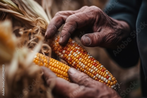 ripe dry fodder corn in hands Generative AI