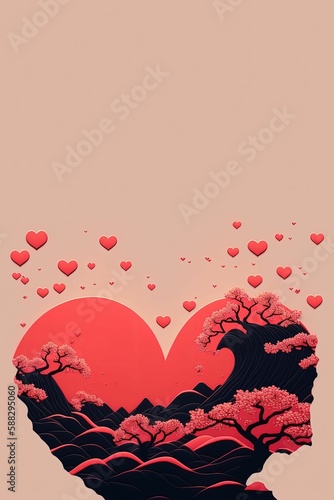 Illustration of the elegant hearts with sakura trees isolated on the empty background photo