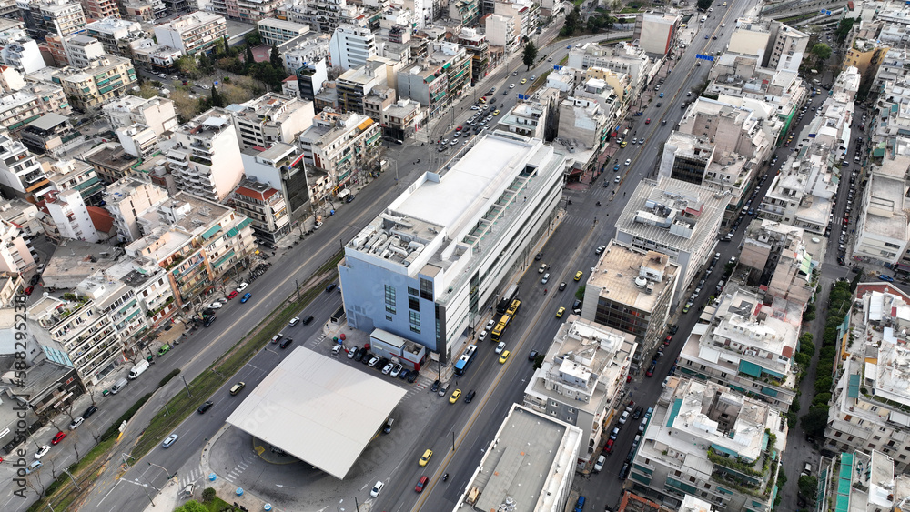 Fototapeta premium Aerial drone photo of famous National Museum of Contemporary Art in Athens in Syggrou avenue, Attica, Greece