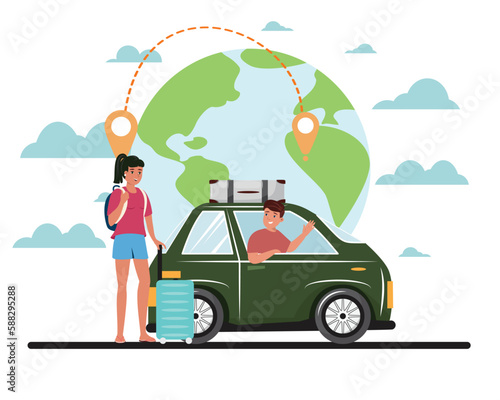 Young couple using a green car to go on road trip. Road trip, vacation, travel concept illustration with people.