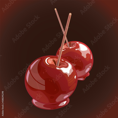 Caramel apple. Sugar-coated fruit with a stick inserted as a handle. Traditional European dishes. Bright vector illustration with food for the menu of restaurants, eateries.