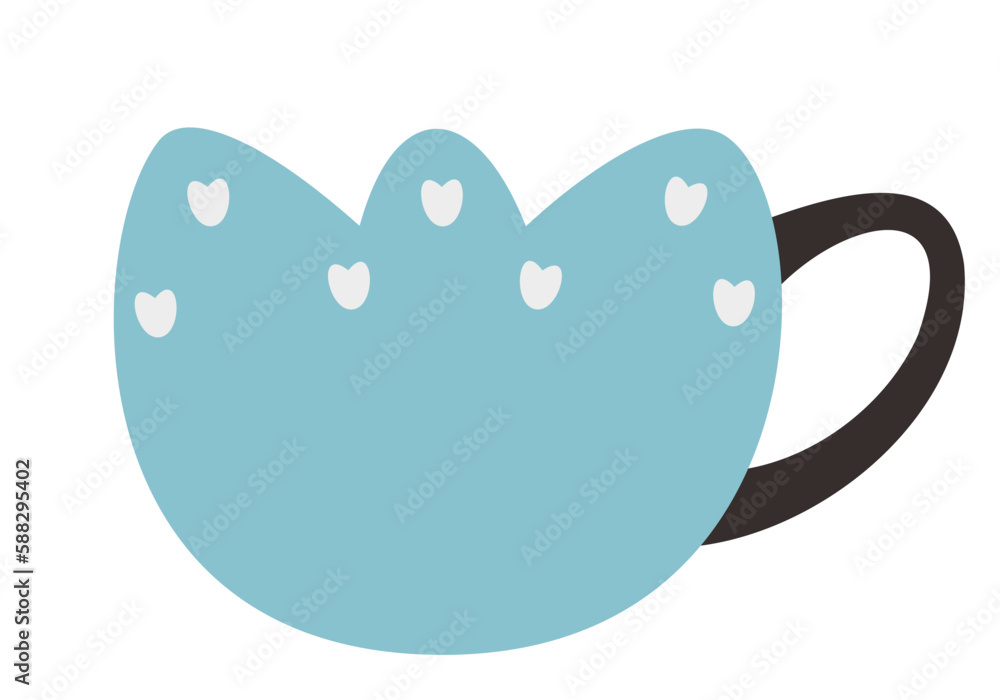 Blue cup with hearts shaped patterns. Beautiful kitchen utensil in flat style. Blue cup with hearts shaped patterns. Beautiful kitchen utensil in flat style.
