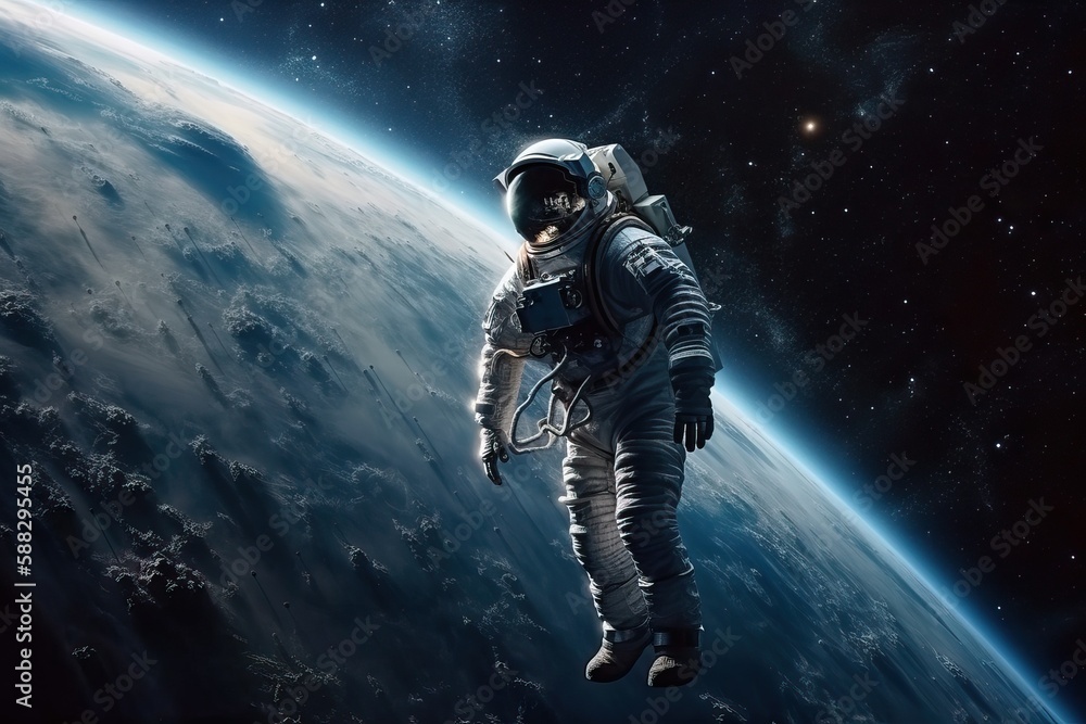 Orbit of the planet Earth, an astronaut in a spacesuit flying in space on the background of the earth, generative AI.