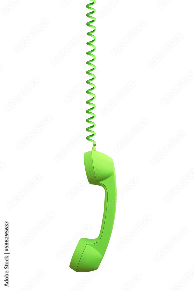 Green retro phone receiver hanging, isolated on transparent background, png file