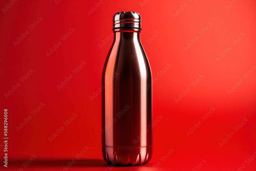 a shiny metal bottle on a red background with a reflection of light on the bottom of the bottle and the bottom of the bottle is empty. generative ai a shiny metal bottle on a red background with a reflection of light on the bottom of the bottle and the bottom of the bottle is empty. generative ai