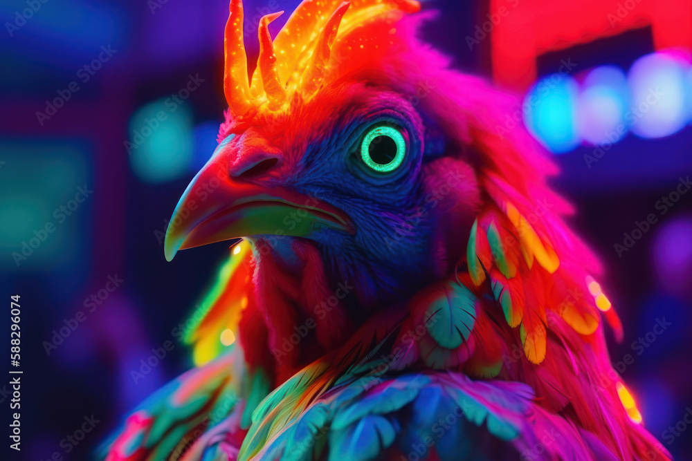disco cock with neon light, chicken retro cyber style Generative AI