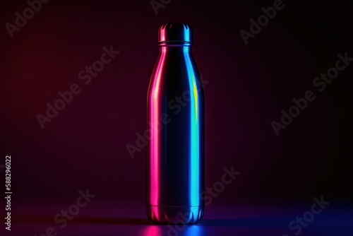  a shiny metal bottle with a colorful light on the side of it  on a dark background  with a red and blue light on the side of the bottle.  generative ai
