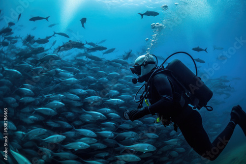 a scuba diver swims among a shoal of fishes Generative AI © Poter