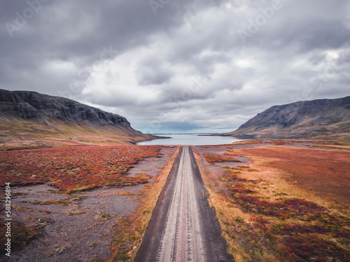 Aerial view of a road heading to a bay in Iceland. photo