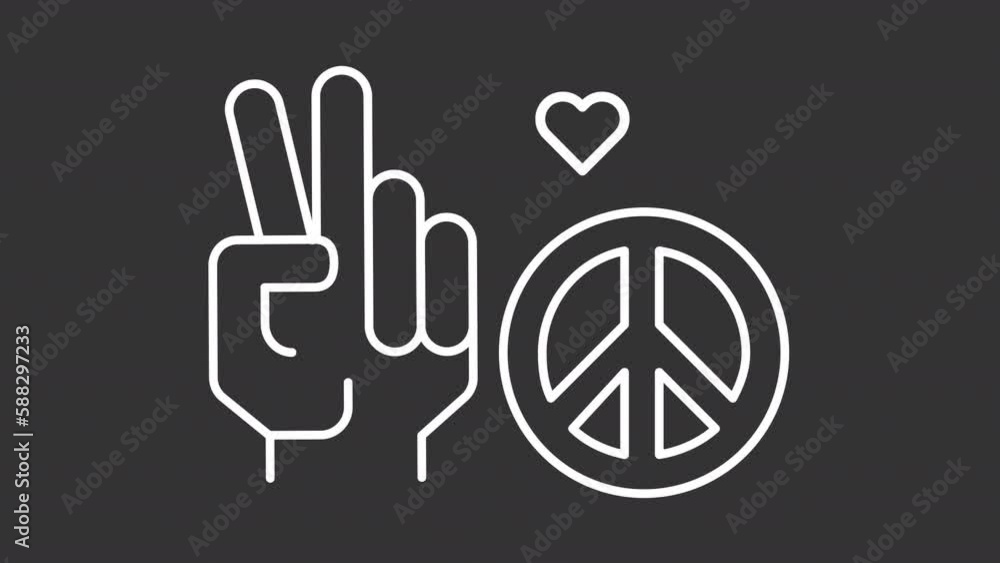 Peace sign white line icon animation. CND symbol and greeting gesture. Body language. Pacifism emblem. Loop HD video with chroma key, alpha channel on transparent background, black solid background Peace sign white line icon animation. CND symbol and greeting gesture. Body language. Pacifism emblem. Loop HD video with chroma key, alpha channel on transparent background, black solid background
