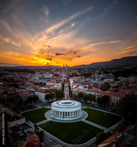 Aerial view of Mestrovic pavilion and Zagreb cathedral at sunset, Croatia. photo
