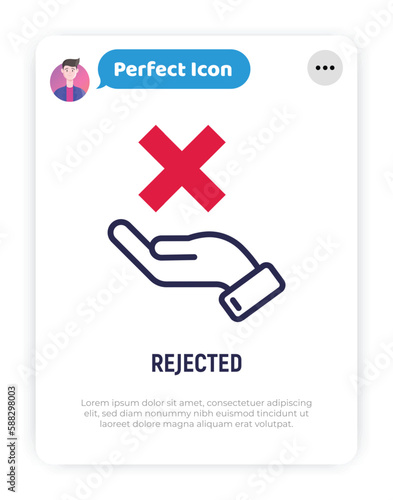 Rejected thin line icon: hand holding cross mark. Declined, cancelled. Modern vector illustration.