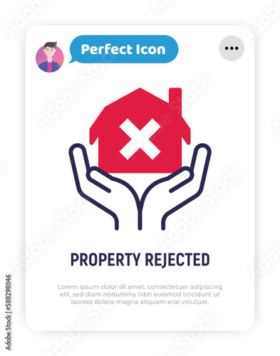 Mortgage is rejected. House with cross mark in hands. Loan is declined. Thin line icon. Vector illustration.