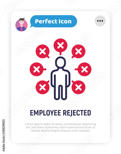 Candidate for job is rejected thin line icon. Not enough qualifications. Checklist around man with cross marks. Modern vector illustration.