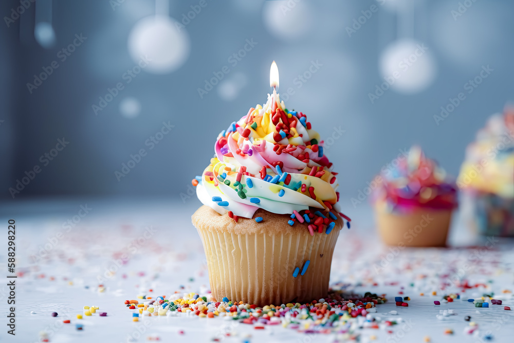 Delicious birthday cupcake on the table on a light background. Generative Ai. Dessert, Sweet, Celebration, Party, Vanilla, Chocolate, Frosting, Baked. Delicious birthday cupcake on the table on a light background. Generative Ai. Dessert, Sweet, Celebration, Party, Vanilla, Chocolate, Frosting, Baked.