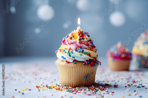 Delicious birthday cupcake on the table on a light background. Generative Ai. Dessert, Sweet, Celebration, Party, Vanilla, Chocolate, Frosting, Baked.