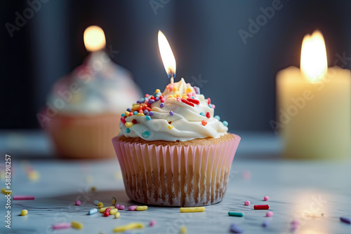 Delicious birthday cupcake on the table on a light background. Generative Ai. Dessert, Sweet, Celebration, Party, Vanilla, Chocolate, Frosting, Baked.