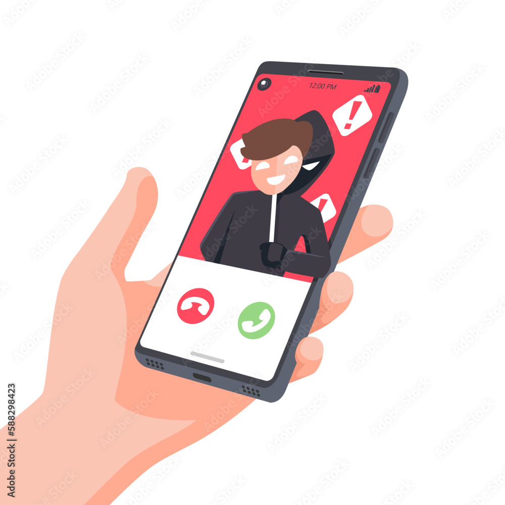 A fake thief calls the smartphone. fraud scam and steal private data on devices. vector illustration flat design for cyber security awareness concept.	