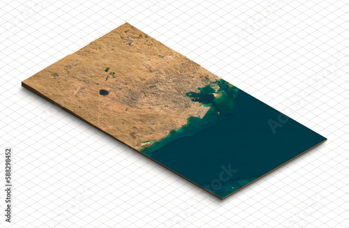 3d model of Doha, Qatar. Isometric map virtual terrain 3d for infographic. Geography and topography planet earth flattened satellite view