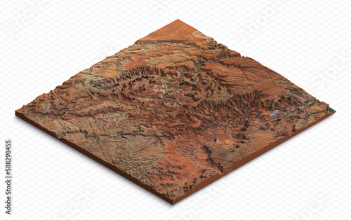 3d model of Canyonlands National Park, Utah USA. Isometric map virtual terrain 3d for infographic. Geography and topography planet earth flattened satellite view