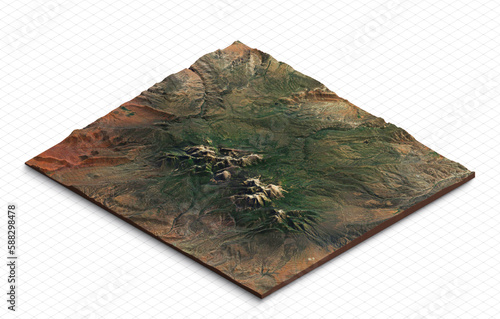 3d model of the Mountains in Utah, USA. Mountain Waas, Mountain Peale, South Mountain. Isometric map virtual terrain 3d for infographic.