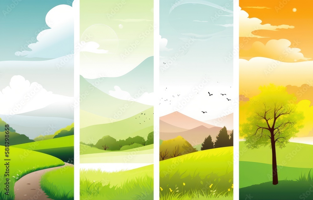 Four beautiful green nature landscapes vertical banners Generative AI Illustration