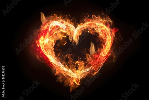 Effect of a heart with yellow and red fire flames with black background Generative AI Illustration