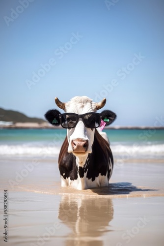 A cow with sunglasses sunbathing buried on the beach sand in summertime Generative AI Illustration © SVasco