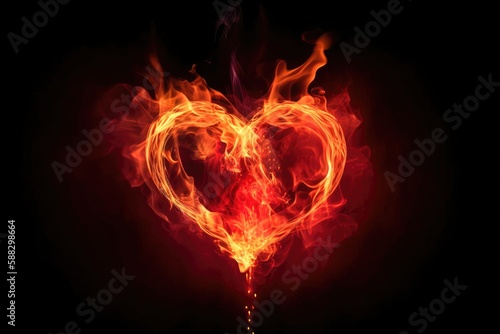 Effect of a heart with yellow and red fire flames with black background Generative AI Illustration