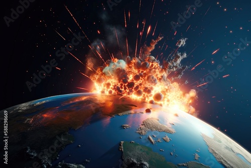 Fototapeta Naklejka Na Ścianę i Meble -  Impact of a fireball coming from space hitting the planet earth Generative AI Illustration