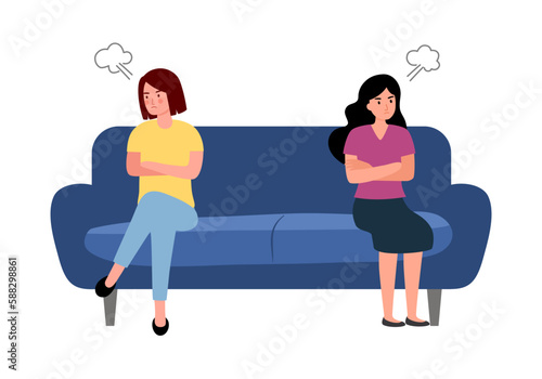 Female friend conflict in flat design on white background. Two angry women sitting on sofa.