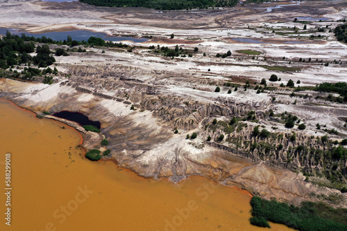 Aerial view of post-coal landscape, now a protected nature habitat Wanninchen, Brandenburg, Germany. photo