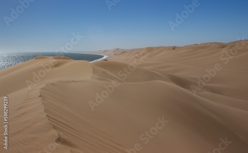 Vast desert landscape of Walvis in Namibia under a clear sky