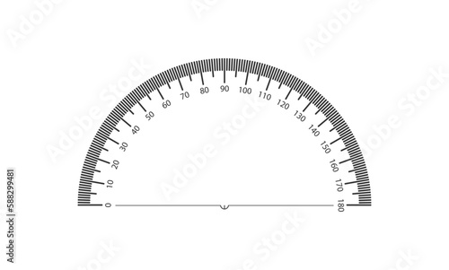 Real protractor on transparent background. 1 division is 1 degree. photo