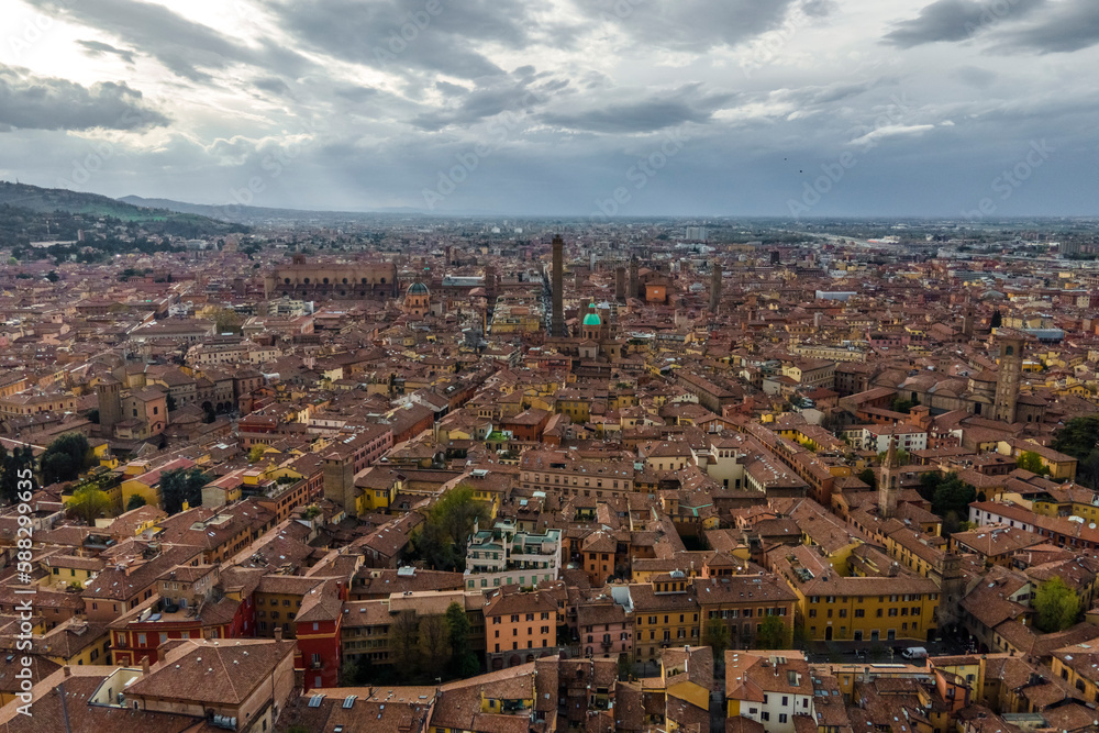Aerial view of Bologna downtown at sunset, view of the Two Towers and the main cathedral, Emilia Romagna, Italy. Aerial view of Bologna downtown at sunset, view of the Two Towers and the main cathedral, Emilia Romagna, Italy.