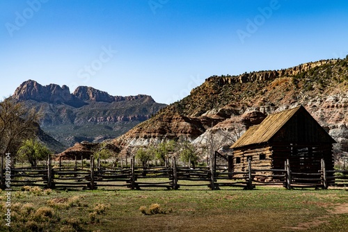 Beautiful shot of wooden cabins in Grafton ghost town