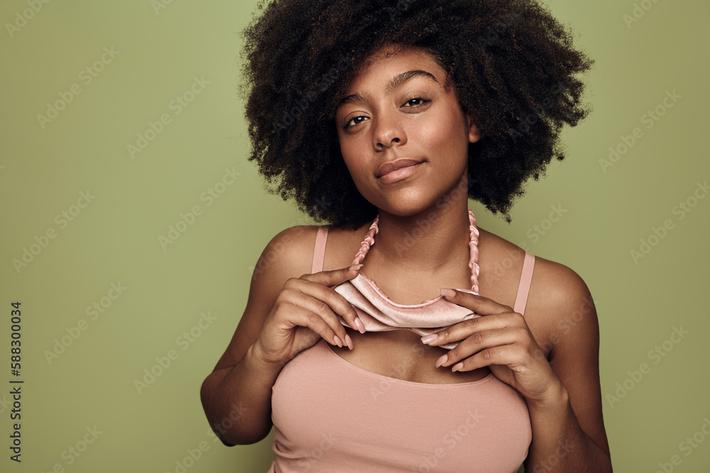 Black woman with sleeping mask in nightwear Black woman with sleeping mask in nightwear