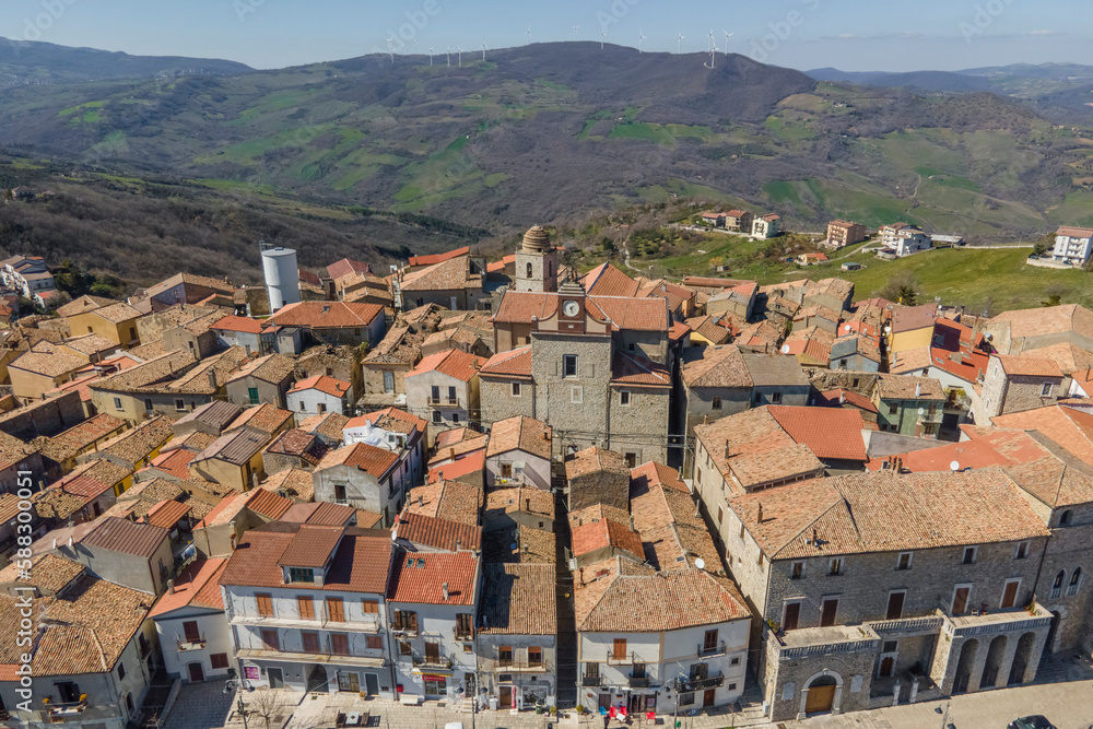 Aerial view of Pietragalla, a small town on hilltop in countryside, Potenza, Basilicata, Italy. Aerial view of Pietragalla, a small town on hilltop in countryside, Potenza, Basilicata, Italy.