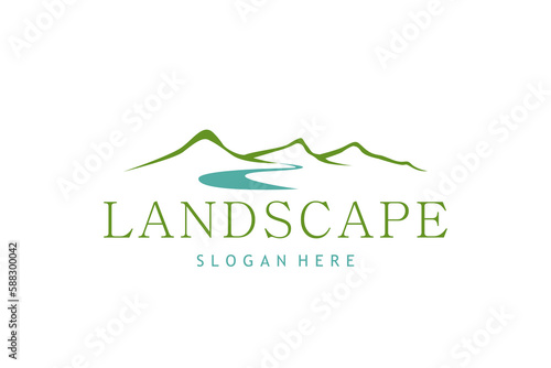 Landscape Hills, Mountain Peaks River Creek Simple logo design Vector