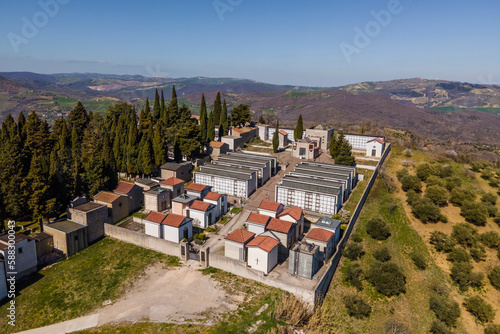 Aerial view of Pietragalla cemetery on hilltop, Potenza, Basilicata, Italy. photo