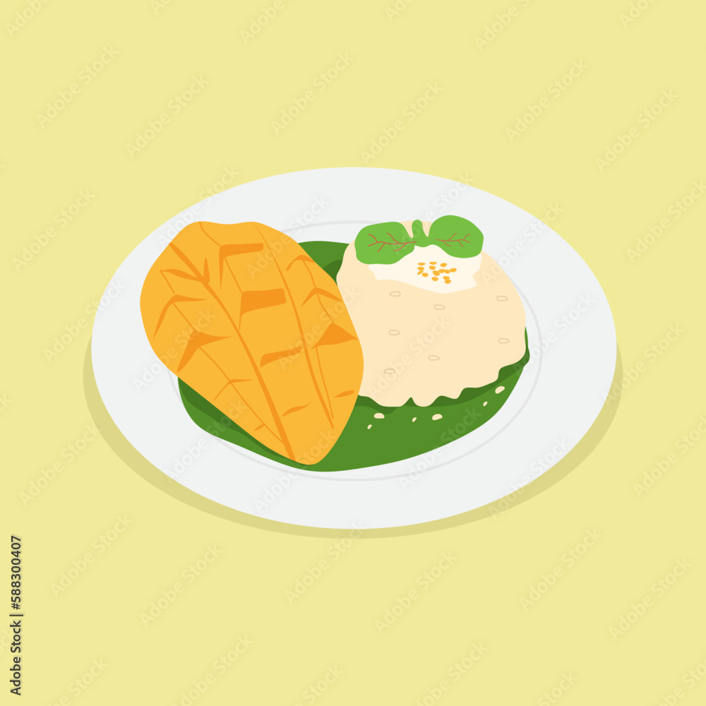 Thai Mango Sticky Rice Dessert - Sweet Thai Mango Sticky Rice Dessert with Coconut Milk Vector Illustration Thai Mango Sticky Rice Dessert - Sweet Thai Mango Sticky Rice Dessert with Coconut Milk Vector Illustration