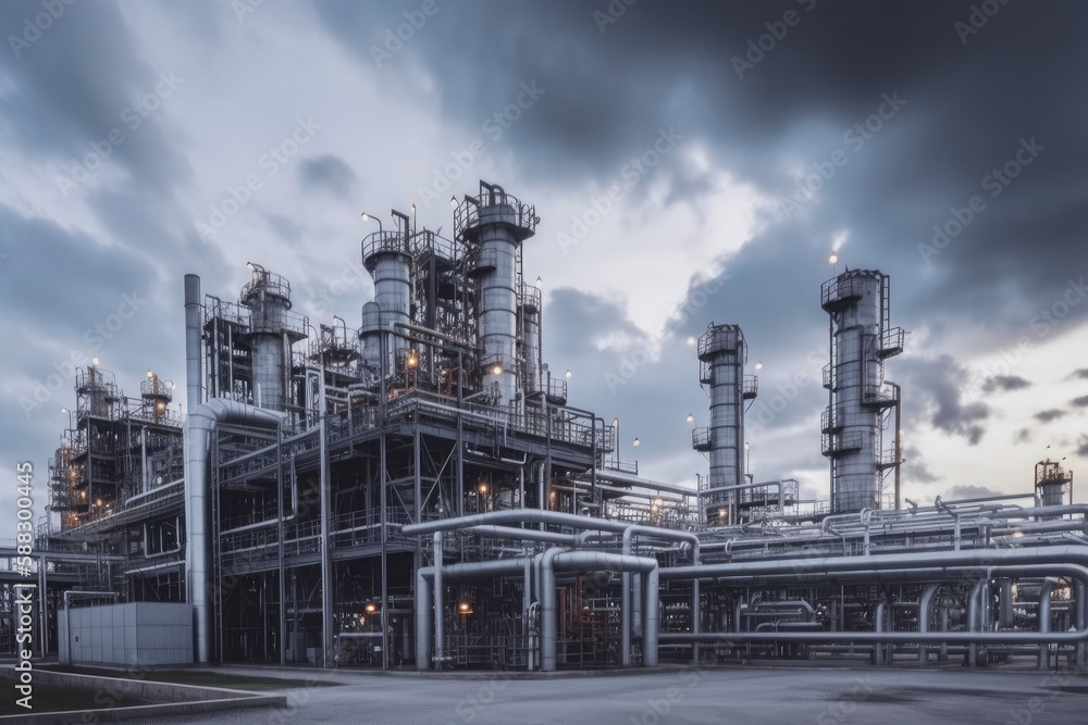 modern petrochemical plant with reactors and converters under heavy sky with copyspace