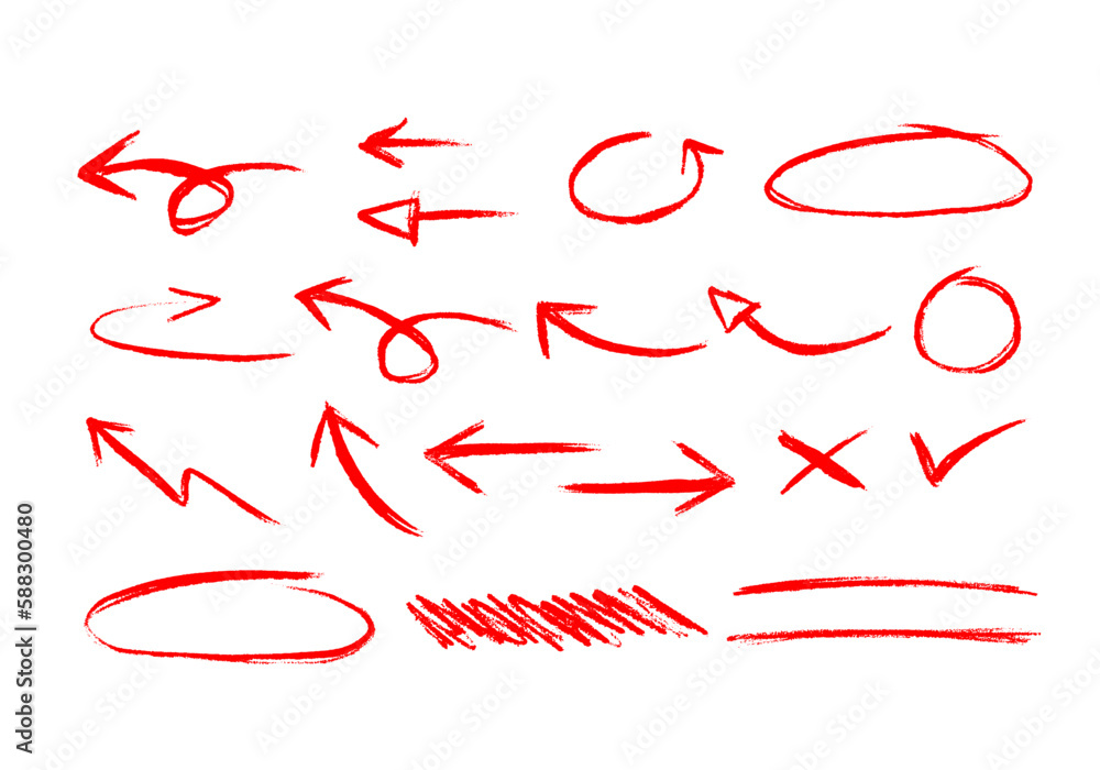 design element collection of red ink brush stroke arrow pointer, circle marker, check, x mark and underline mark. Set of grunger stroke mark - obrazy, fototapety, plakaty 