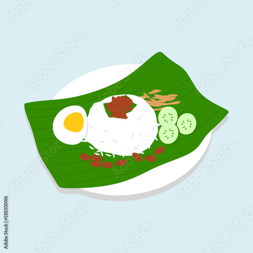 Malaysian Nasi Lemak with Sambal Sauce - Fragrant Malaysian Nasi Lemak with Spicy Sambal Sauce Vector Illustration